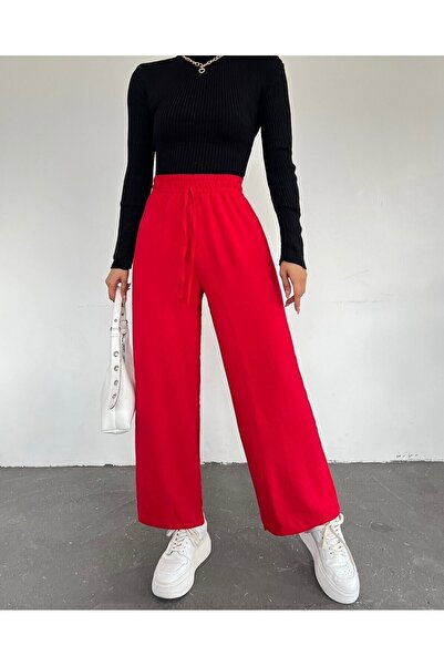 Modamorfo Elastic Waist Lace Detailed Ayrobin Trousers -Red