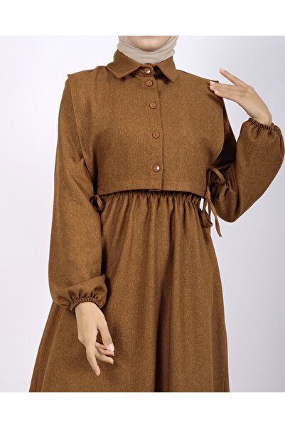 Modamorfo Dress with Shirt Detail, Sleeves and Elastic Waist - Tan