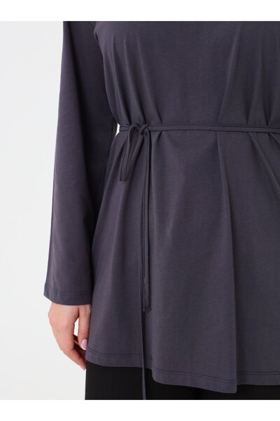 ALİA Basic Plus Size Tunic with Belt - Anthracite -