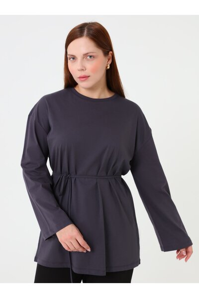 ALİA Basic Plus Size Tunic with Belt - Anthracite -