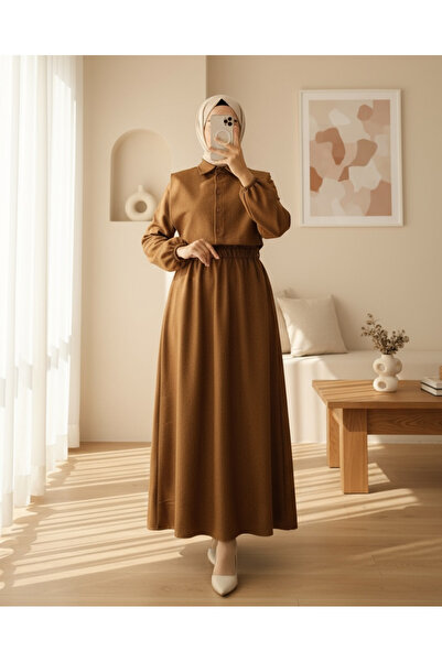 Modamorfo Dress with Shirt Detail, Sleeves and Elastic Waist - Tan