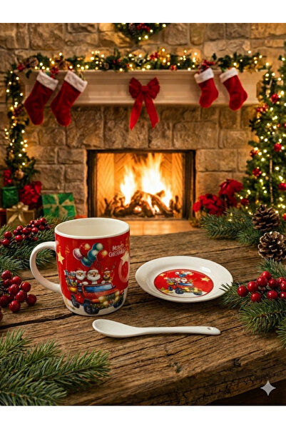 kalyonix Santa & Geyik 3 Parça Yılbaşı Temalı Kupa, Tabak ve Kaşık Seti | Hediye Kutulu