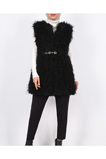 Modamorfo Belted Side Pocket Fur Lined Vest - Black