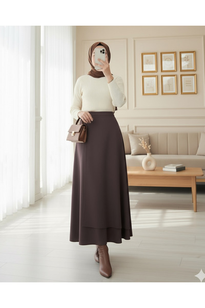 Modamorfo Cross-Front Double Layer Scuba Skirt - Dark Brown