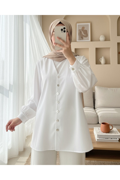 Modamorfo V-Neck Buttoned Poplin Shirt -White