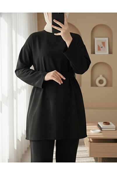 Modamorfo Round Neck Belted Waist Scuba Suit - Black