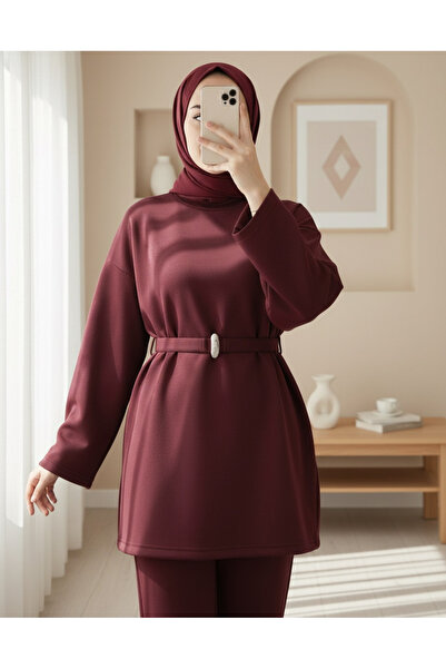 Modamorfo Round Neck Belted Waist Scuba Suit - Burgundy