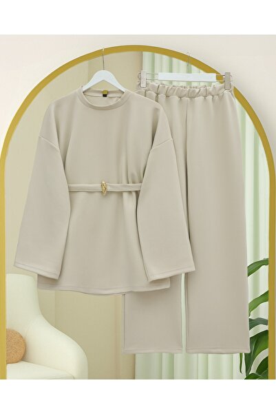 Modamorfo Round Neck Belted Waist Scuba Suit - Beige