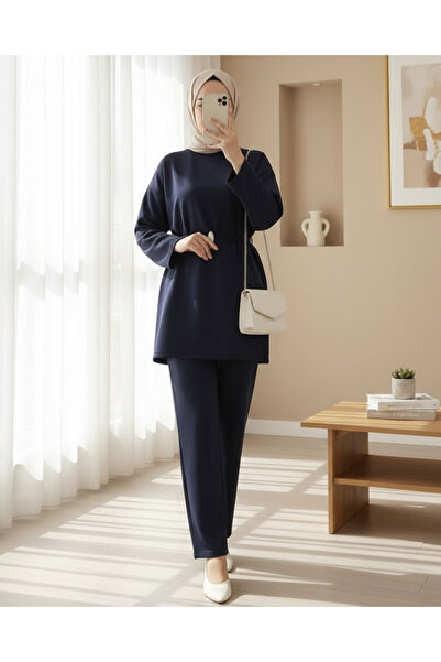 Modamorfo Round Neck Belted Waist Scuba Suit - Navy