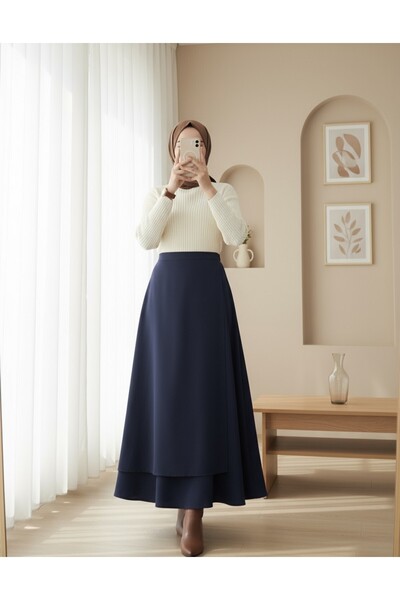 Modamorfo Cross-Front Double Layer Scuba Skirt - Navy