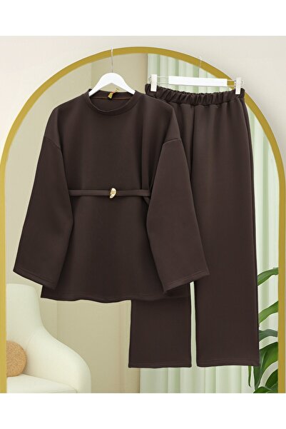 Modamorfo Round Neck Belted Scuba Suit -K. Brown