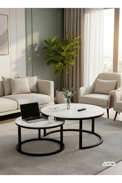 AGD Modern Nested Round Coffee Table Set of 2 with Sturdy Metal Frame