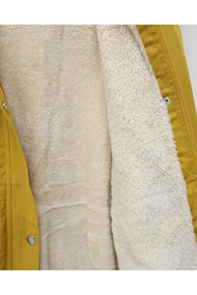 Modamorfo Hooded Fur Pocketed Lace-Up Coat - Mustard