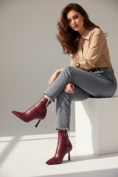 Cochines Μποτάκια μπορντό Stretch Γυναικείες μπότες με λεπτό τακούνι στιλέτο με φερμουάρ Άνετα καθημερινά μποτάκια με τακούνι