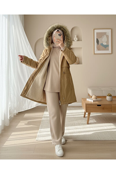 Modamorfo Bolero Detailed Fur Hooded Plush Lined Coat - Mink