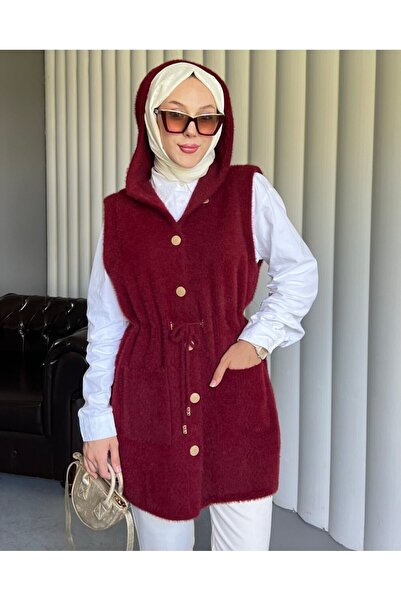 Modamorfo Hooded Pocketed Belted Beard Vest - Burgundy