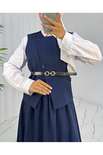 Modamorfo Cross Button Belted Vest Skirt Suit - Navy