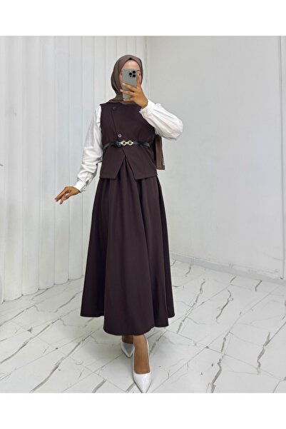 Modamorfo Cross Button Belted Vest Skirt Suit -Coffee
