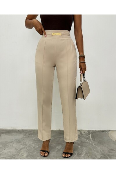 Modamorfo Elastic Waist Pocket Metal Detailed Trousers - Beige
