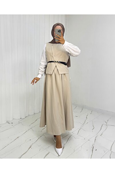 Modamorfo Cross Button Belted Vest Skirt Suit -Beige