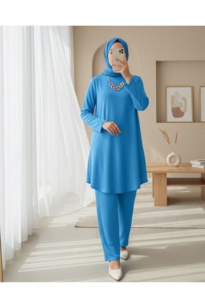 Modamorfo Loose Crinkle Set with Round Neck Necklace - Blue