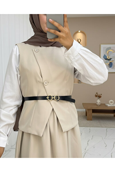 Modamorfo Cross Button Belted Vest Skirt Suit -Beige