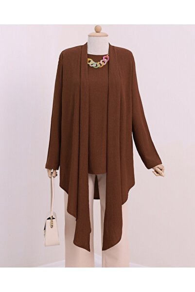 Modamorfo Crinkle Tunic with Shawl Collar Asymmetrical Cut Necklace - Brown