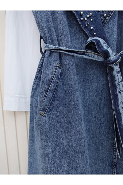 Modamorfo Ice Blue Belted Denim Vest - Stone Detail on the Front