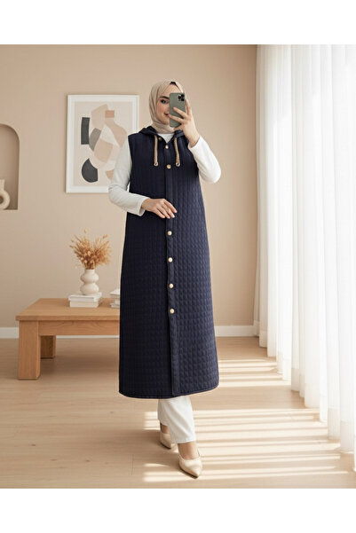 Modamorfo سترة طويلة مبطنة بجيوب وقلنسوة بأزرار من بويدان - كحلي