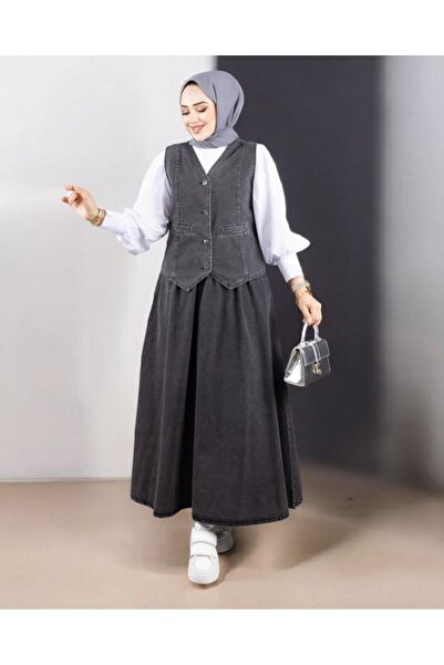 Modamorfo V-Neck Vest and Skirt Denim Suit - Smoked