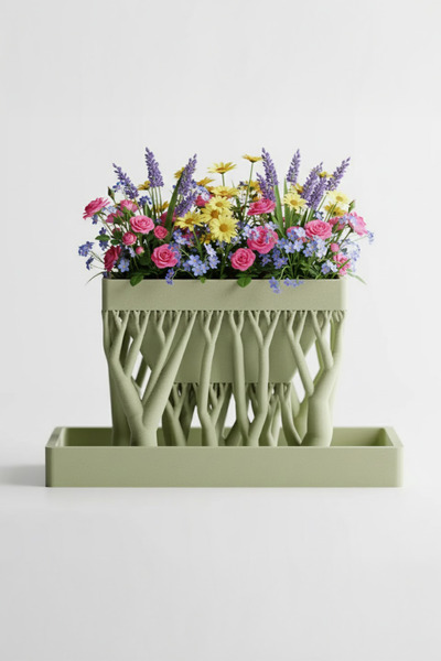 OEM Hanging pot with tree trunk-shaped supports, with tray, 12cm x 6cm, green, 3D printed, pl