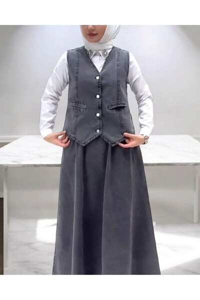 Modamorfo V-Neck Vest and Skirt Denim Suit - Smoked