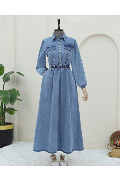 Modamorfo Τζιν φόρεμα με μισό κουμπί με ελαστική μέση - Ice Blue