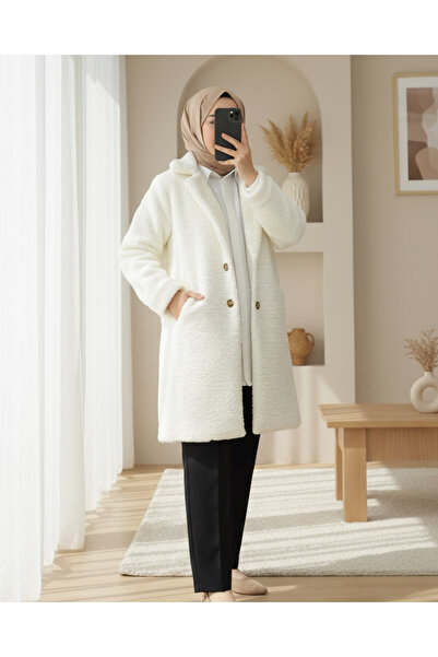 Modamorfo Buttoned lined front pocketed plush coat - ecru