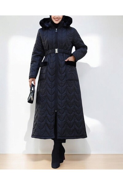 Modamorfo Dlouhý kabát s plyšovým detailem na kapuci a kapsě a elastickým páskem - černý