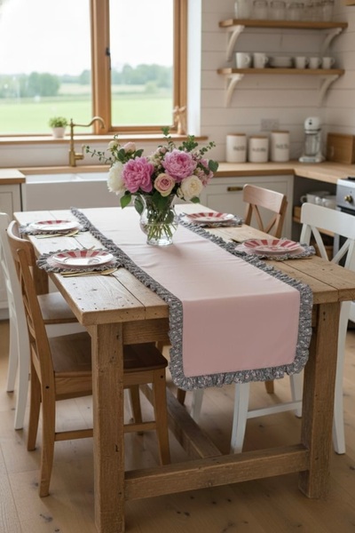 vintagetasarım Runner Powder Pink Grey Floral Ruffled Vintage 40X130Cm Duck Linen