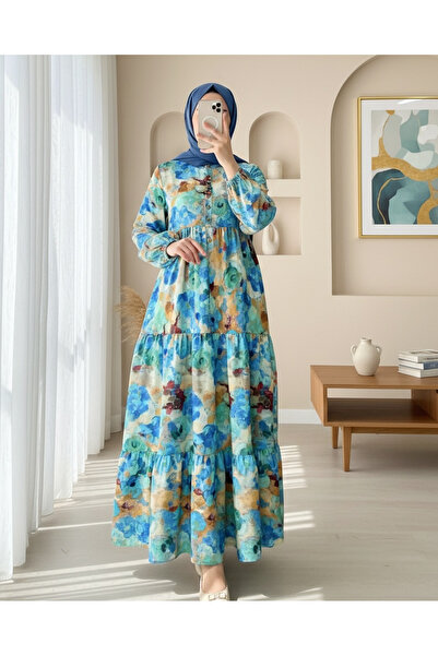 Modamorfo Mixed Pattern Half Button Sleeve Elastic Dress -Blue