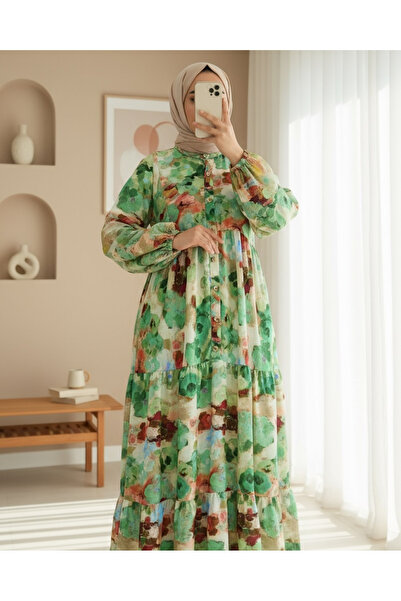 Modamorfo Mixed Pattern Half Button Sleeve Elastic Dress -Green