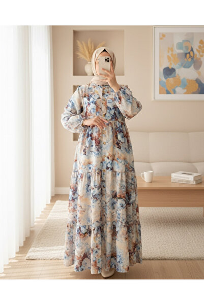 Modamorfo Half Button Mixed Pattern Sleeve Elastic Dress -Ice Blue