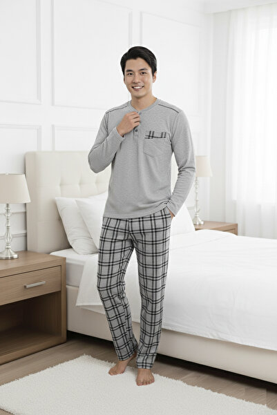 ALİMER Ανδρικό σετ πιτζάμες με γκρι καρό σχέδιο ελαστικό ύφασμα βαμβακερό μακρυμάνικο χειμερινό σετ πιτζάμες με τσέπη στο στήθος