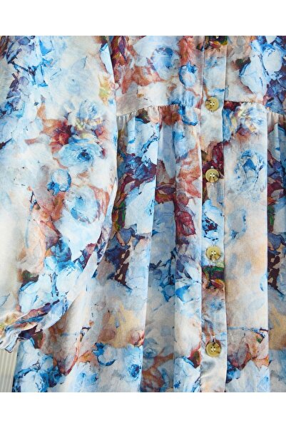 Modamorfo Half Button Mixed Pattern Sleeve Elastic Dress -Ice Blue