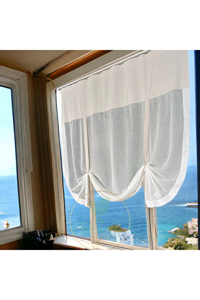 Perdeplus Natural Linen Tulle Curtain Retro Tie Detailed Design (Rustic and Cornice Matching Curtain)