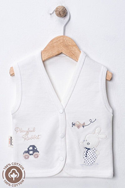 Miniel 3-Piece Unisex Baby Vest Set - Cross Stitch, Rabbit Embroidered, Organic Cotton, 3-6-9 Months