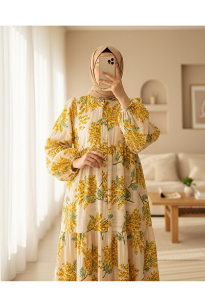 Modamorfo Φόρεμα Modal με μοτίβο με μισό κουμπί και ελαστική μανίκια - Μουστάρδα