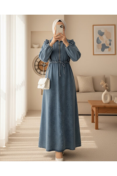 Modamorfo Džínové šaty s volánky a stahováním v pase - modré