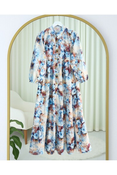 Modamorfo Half Button Mixed Pattern Sleeve Elastic Dress -Ice Blue