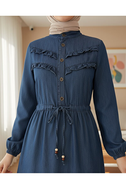 Modamorfo Τζιν φόρεμα με μισό κουμπί και βολάν στο μπροστινό μέρος - Ινδικό