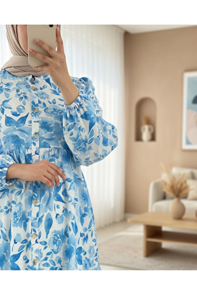 Modamorfo Small Leaf Pattern Half Button Sleeve Elastic Dress -Blue