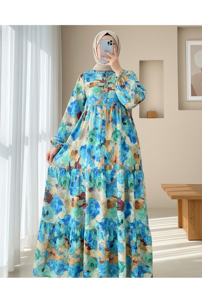 Modamorfo Mixed Pattern Half Button Sleeve Elastic Dress -Blue