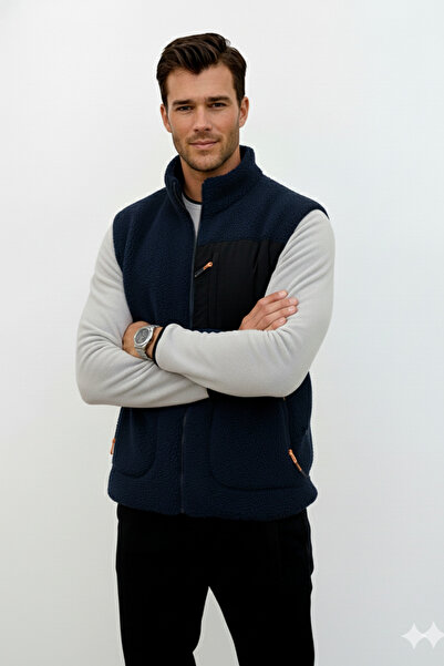 OXVİN Softshell Plush Vest Wool Lamb Welsoft Bone Zippered Pocket Detail (Full Size)